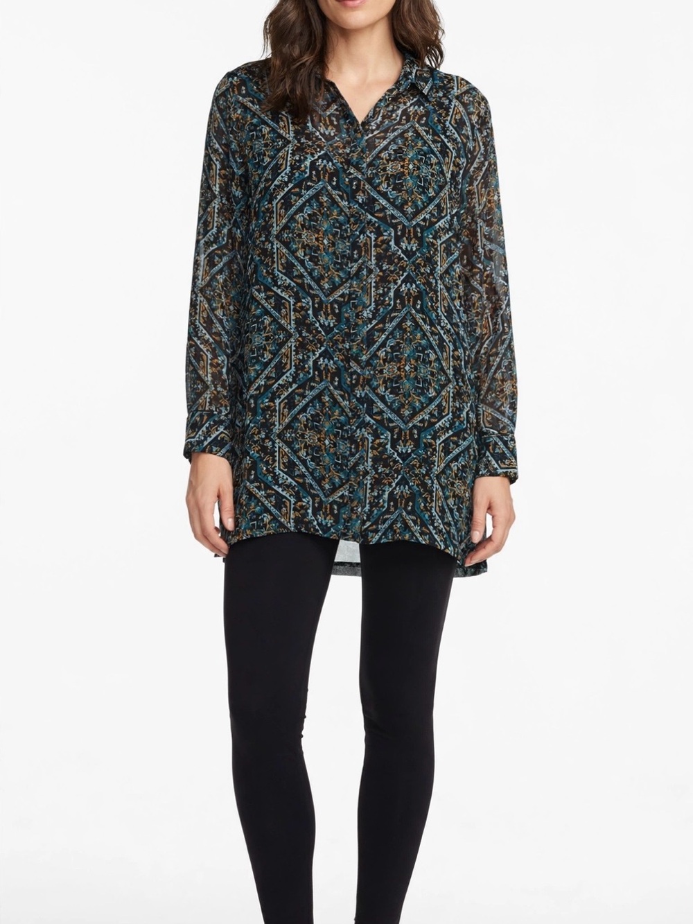 Chico's Teal and Black Geometric V-Neck Tunic